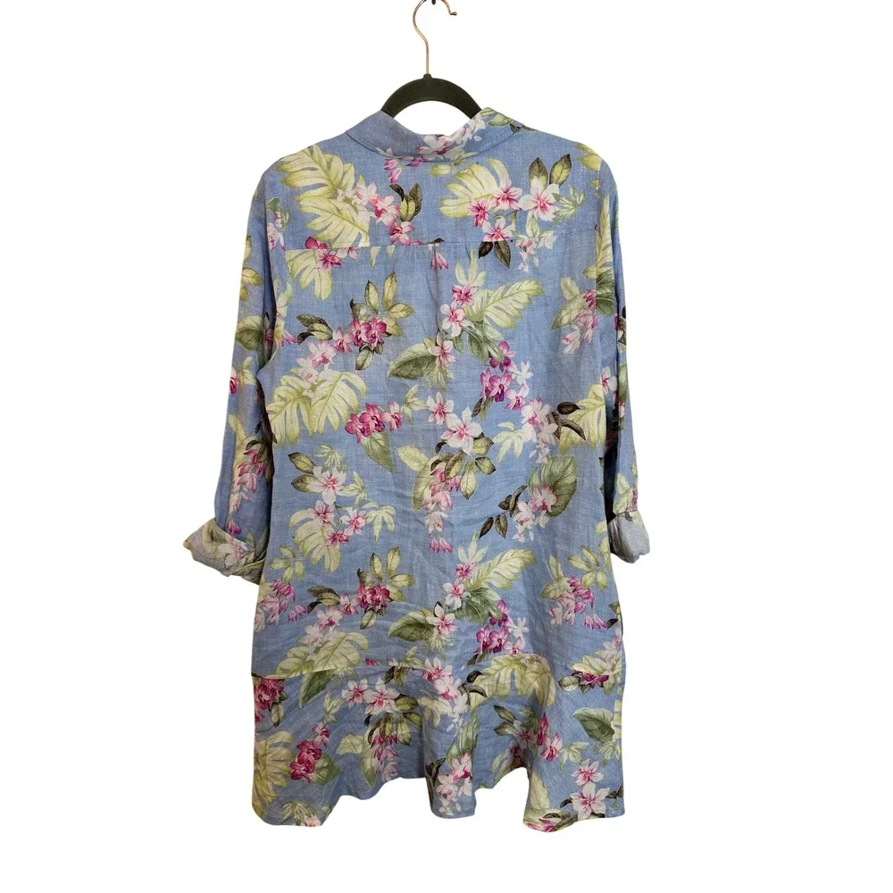Tommy Bahama Coastline Orchid Dreams Flounce Linen Shirt Dress Size‎ M Blue Pink - Picture 2 of 10